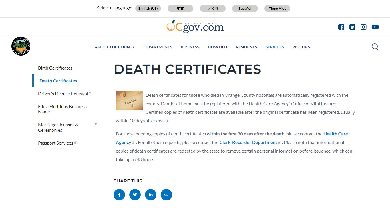 Death Certificates | Orange County