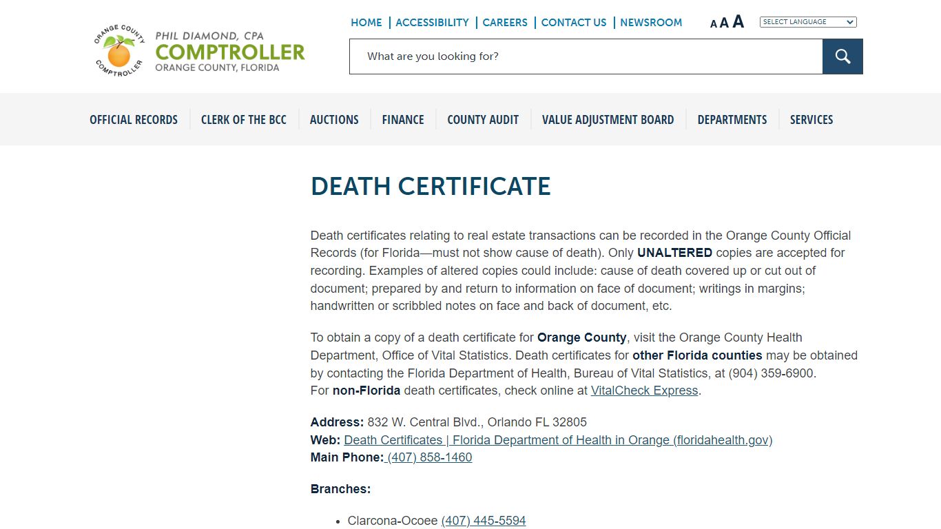 DEATH CERTIFICATE - Phil Diamond - Orange County Comptroller